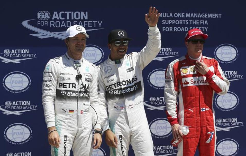 I primi tre della qualifica: Rosberg (2), Hamilton (1) e Raikkonen (3). Reuters
